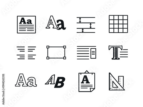 Graphic Design Typography. Line outline icon set of Graphic Design Typography: type specimen sheet, font