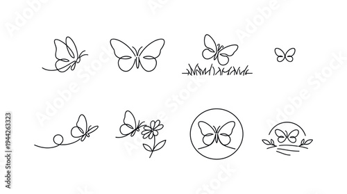 Minimalist Butterfly Grid. "Spring Butterfly Set". Minimalistic set one-line drawing butterfly mid flight pose