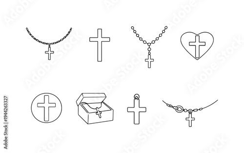 "Christian Jewelry Icons". Minimalistic set one-line drawing delicate chain with cross charm, simple pendant