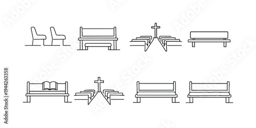 "Church Pews". Minimalistic set one-line drawing row of church pews side view, front view pew with kneeler,