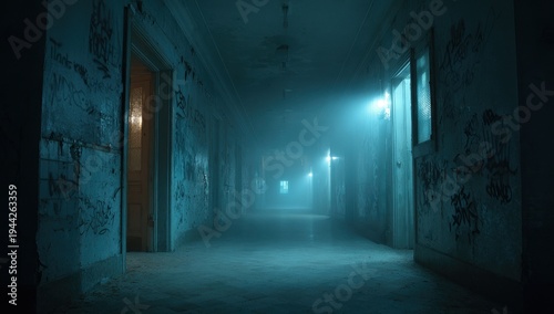 Wallpaper Mural Eerie Blue Hallway - Abandoned Building with Light Beams and Atmospheric Mist. Torontodigital.ca