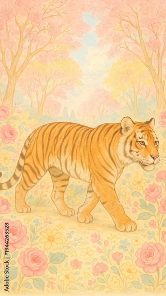 Obraz premium Whimsical tiger in floral wonderland mobile wallpaper