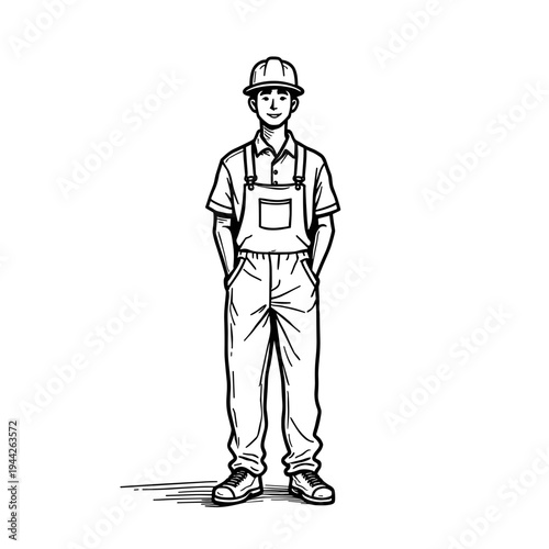 Construction worker standing confidently in overalls and helmet  