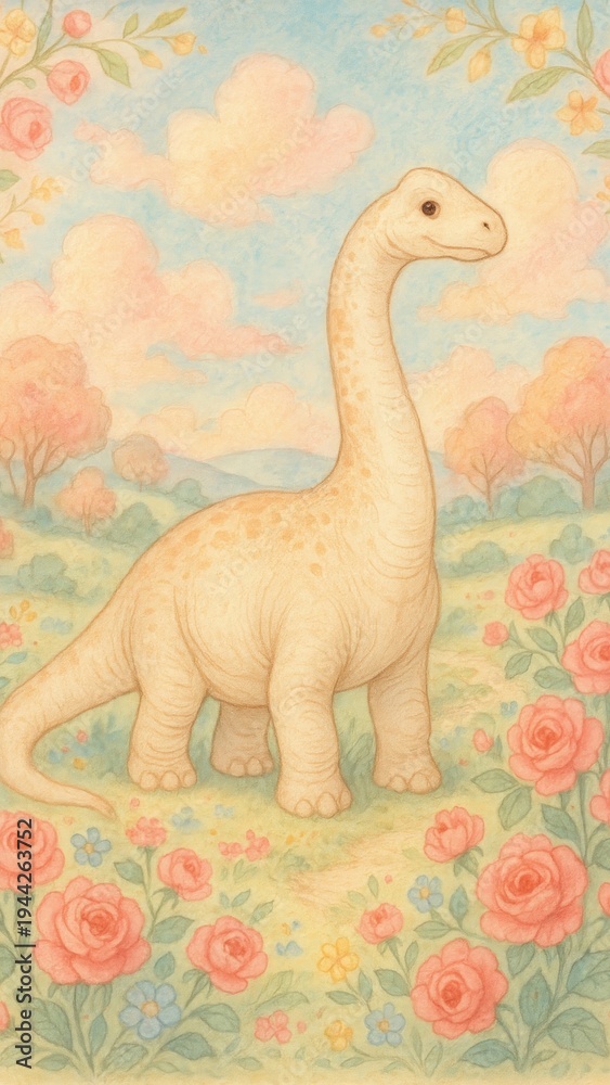 Fototapeta premium Whimsical dinosaur in floral landscape