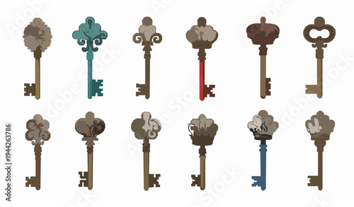 Ornate Victorian skeleton key colorful vector collection antique decorative vintage keys illustration