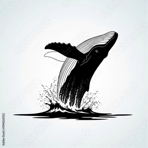 Black Whale Tail Illustration Breaching Water.