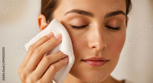 Beautiful woman removing makeup with soft white facecloth