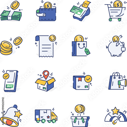 Collection of 16 Ecommerce and Transaction Flat Icons 

