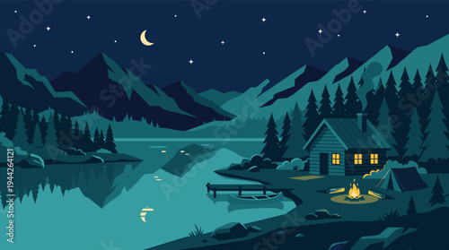 Tranquil vector illustration of a remote lakeside cabin nestled among pine trees at night, with a campfire burning, a boat docked at a pier, and a starry sky above.