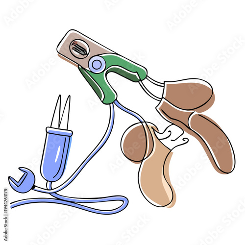 Sewing tools including scissors and a seam ripper on white background  