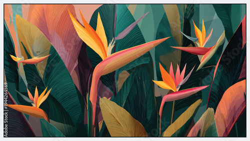 Stylish tropical botanical wallpaper featuring lush leaves and elegant blooming flowers in a modern decorative composition. Ideal for wallpaper design, home interior decoration, digital backgrounds, w