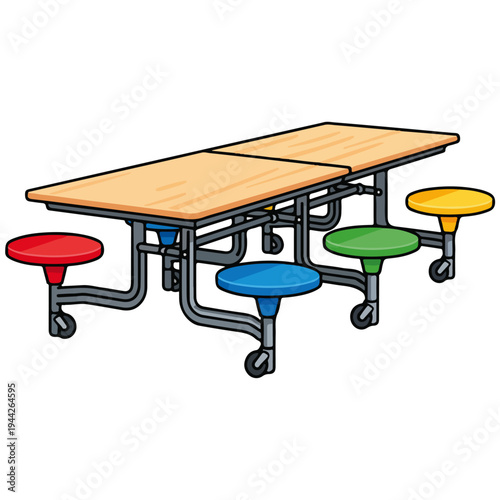 Mobile School Cafeteria Table With Colorful Stools Vector Illustration