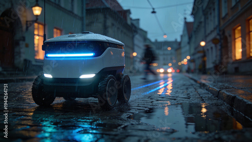 Autonomous delivery robot navigates rainy cobblestone streets in historic European city at dusk. Concept of future, technology, unmanned courier robot.