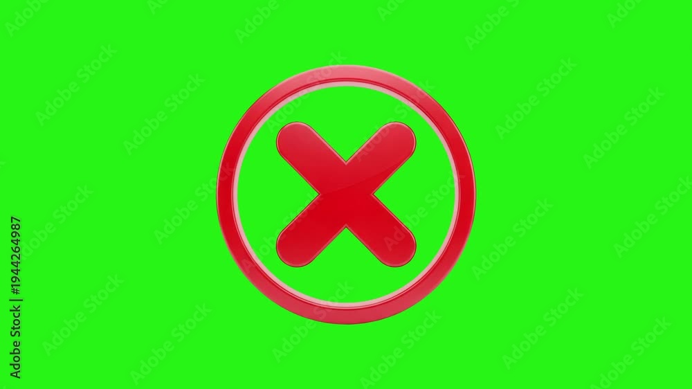 3D red cross mark animation flashing on green background for error and ...