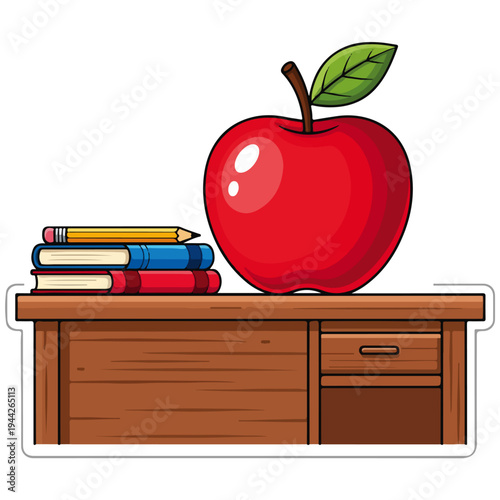 Red Apple School Desk With Books And Pencil Cartoon Vector Illustration