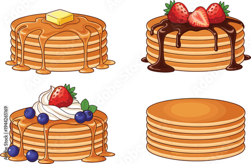 Pancake Stack Vector Illustration Showing Toppings with Syrup Fruit and Cream