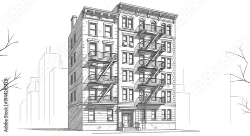 Detailed drawing of a multistory building.