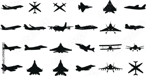 Collection of aircraft silhouettes including fighter jets, passenger airplanes, bomber planes and vintage aircraft isolated on white background aviation vector set
