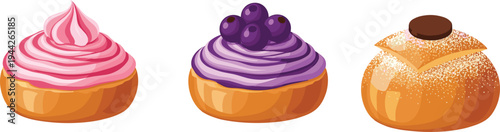Pastry Dessert Vector Illustration Showing Toppings with Cream Blueberries and Chocolate