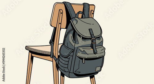 Gray Backpack on Wooden Chair.