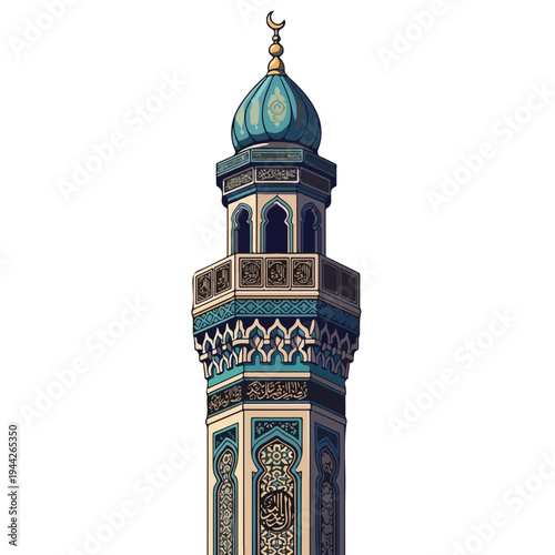 Ornate Minaret with Crescent Moon Finial.