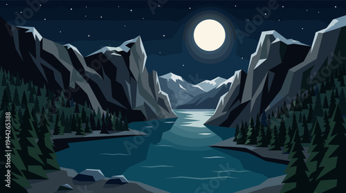 Stylized illustration of a night landscape with a full moon shining over a calm lake surrounded by mountains and pine trees, creating a peaceful and serene mood.