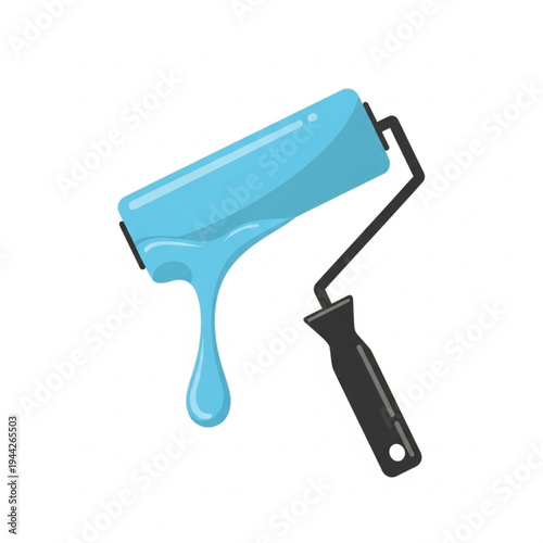Blue Paint Roller with Dripping Paint.