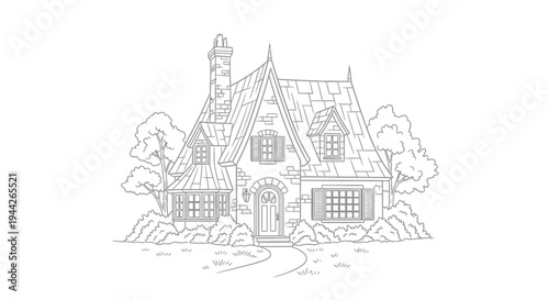 Large house with steep roof lines.