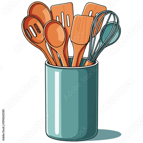 Wooden Kitchen Utensil Set in Teal Crock Vector Illustration