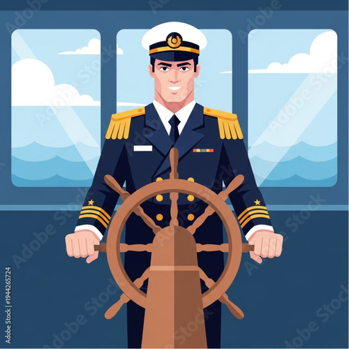 Captain Standing on Ship Bridge Holding Wheel.