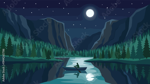 Illustration of a person rowing a boat on a serene lake at night, with a full moon and starry sky reflecting on the water. Atmospheric and peaceful.
