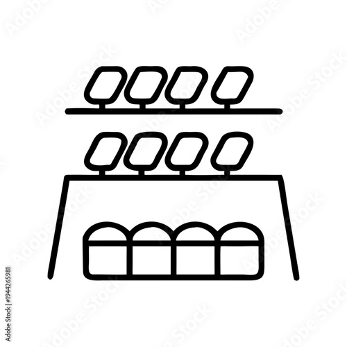 Outline of sushi display on wooden platter with assorted rolls  