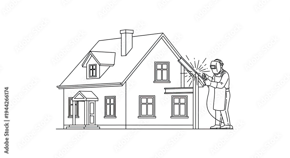 Fototapeta premium Welder working on house exterior silhouette vector illustration