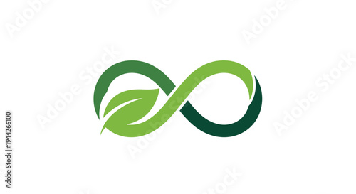 Green infinity symbol intertwined with a leaf, representing perpetual ecology and environmental sustainability, isolated white background.