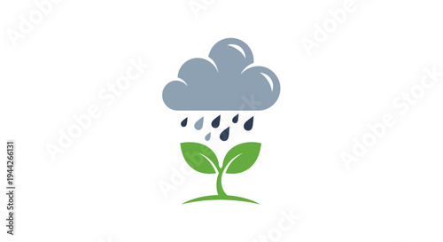 A dark cloud raining water droplets onto a small green plant sprout, symbolizing growth and natural irrigation, isolated white background.