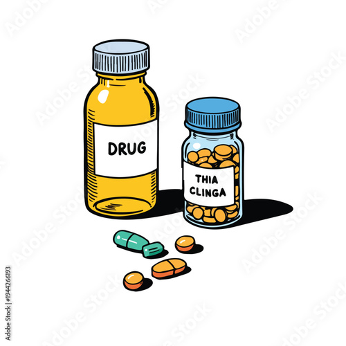 Pills and medication bottles on a table.