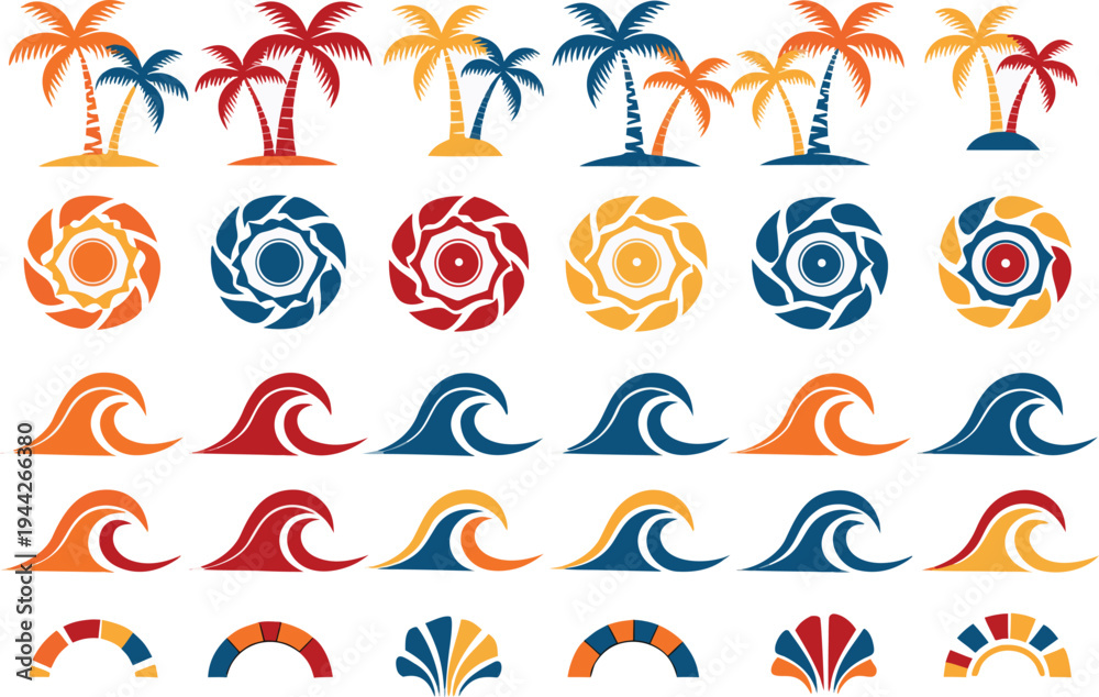 Fototapeta premium A colorful collection of tropical vector icons and illustrations