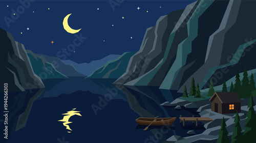 Vector illustration of a serene night lake scene, featuring a cabin, dock, rowboat, towering mountains and a reflection of the moon. Moody, peaceful, good for wallpaper or backgrounds.