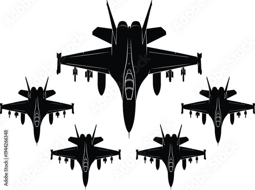 Silhouette formation of modern fighter jet aircraft with missiles isolated on white background military aviation defense concept illustration