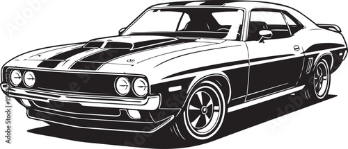 A black and white drawing of a classic american muscle car