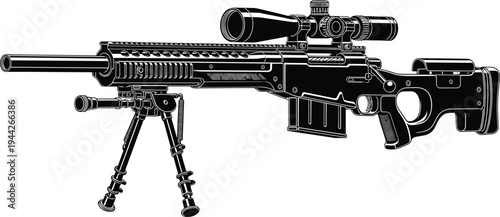 Detailed sniper rifle with scope and bipod isolated on white background tactical military weapon vector illustration