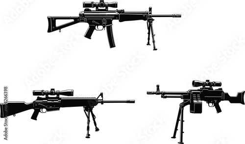 Set of tactical assault rifles with scopes and bipods isolated on white background military firearm vector illustration