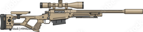 Modern precision sniper rifle with scope and suppressor isolated on white background tactical military firearm illustration