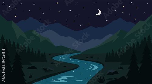 Illustration of a river winding through a dark forest under a starry night sky with a crescent moon, creating a peaceful, nature, and calming scene.