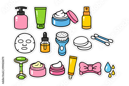 Colorful skincare and beauty tools collection with creams and oils.