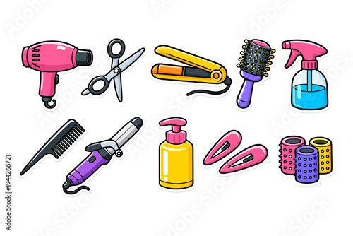 Colorful cartoon hair styling tools collection on white background.