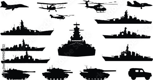 WebMilitary Vehicles and Warships Silhouettes Collection Featuring Fighter Jets, Helicopters, Tanks and Naval Ships Isolated on White Background for Defense Concept