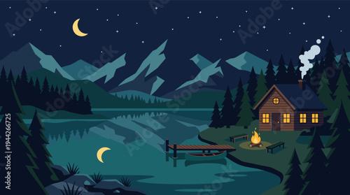Cozy cabin sits on the lakefront under a starry sky and crescent moon, a campfire crackles nearby, evoking relaxation and escape in the wilderness at night.