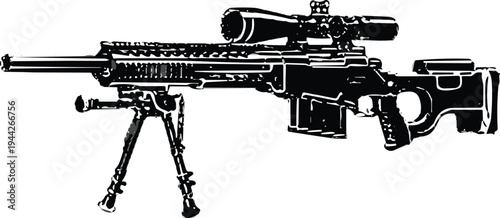 WebSniper Rifle Silhouette with Scope and Bipod Isolated on White Background Representing Military Tactical Weapon Concept