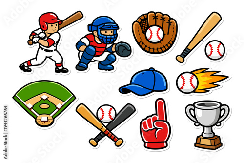 Baseball cartoon collection: player, equipment, field, trophy, sportsmanship.